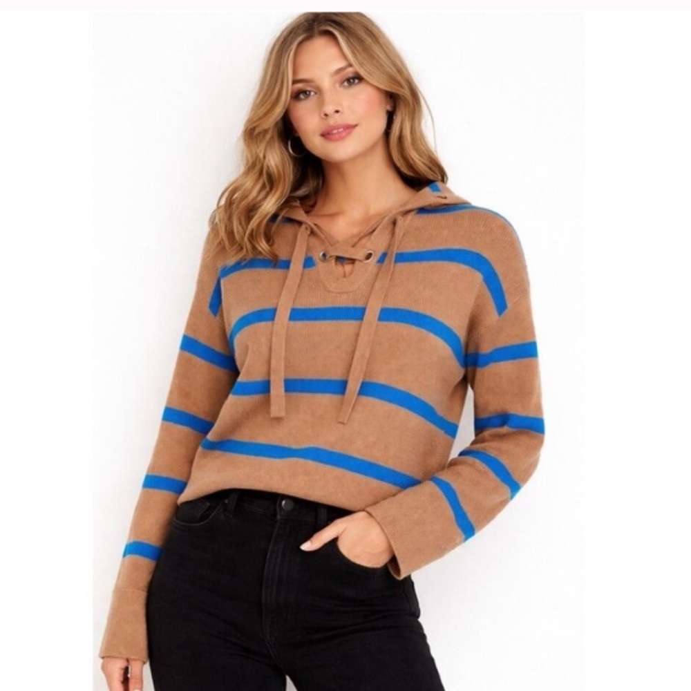 NWT Everlane Sweater Tan Blue Striped Lace Up Wool Blend Smock